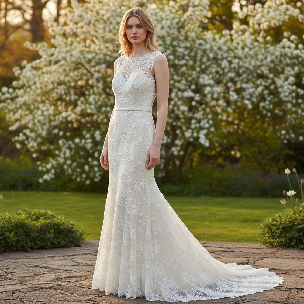 Ivory Lace Illusion Neckline Sleeveless Wedding Dress Sheath Bridal Gown Train